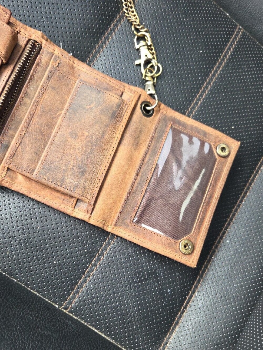 Men's Brown Leather Chain Wallet Card Holder - Picture 8 of 10